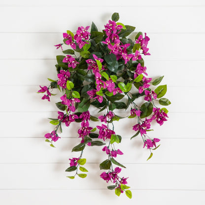 Artificial bougainvillea hanging plant, 28 in, UV resistant, set of 2, magenta blooms on leaves on Tampa Home & Garden Store