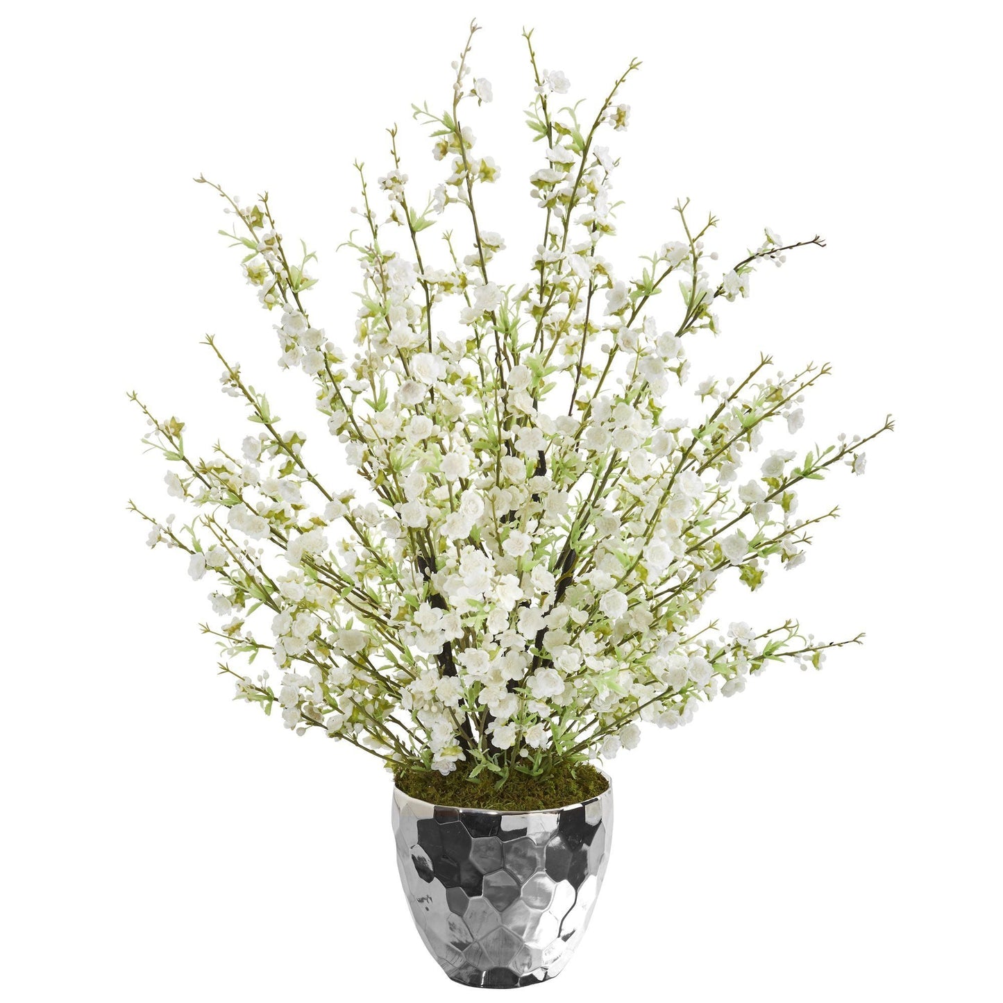 Arreglo artificial de flores de cerezo de 73 cm en cuenco plateado