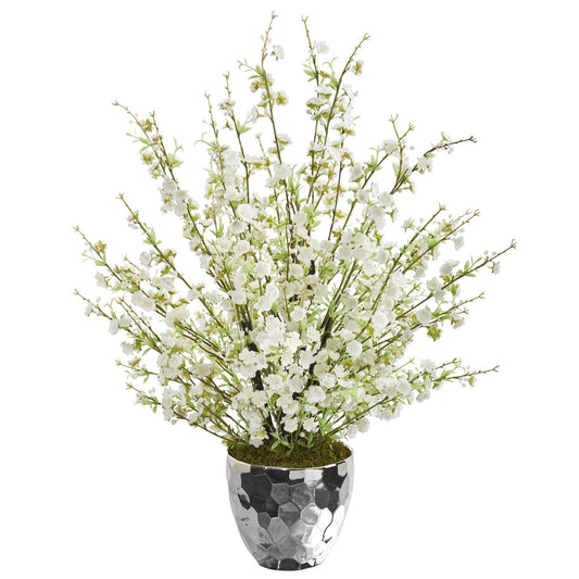 Arreglo artificial de flores de cerezo de 73 cm en cuenco plateado
