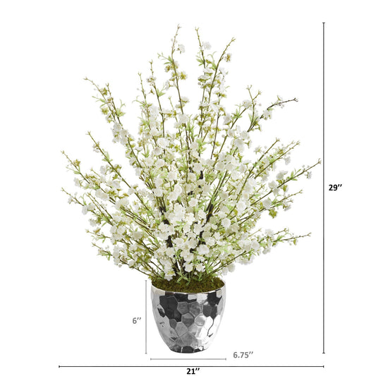 29” Cherry Blossom Artificial Arrangement in Silver Bowl - Tampa Home & Garden Store