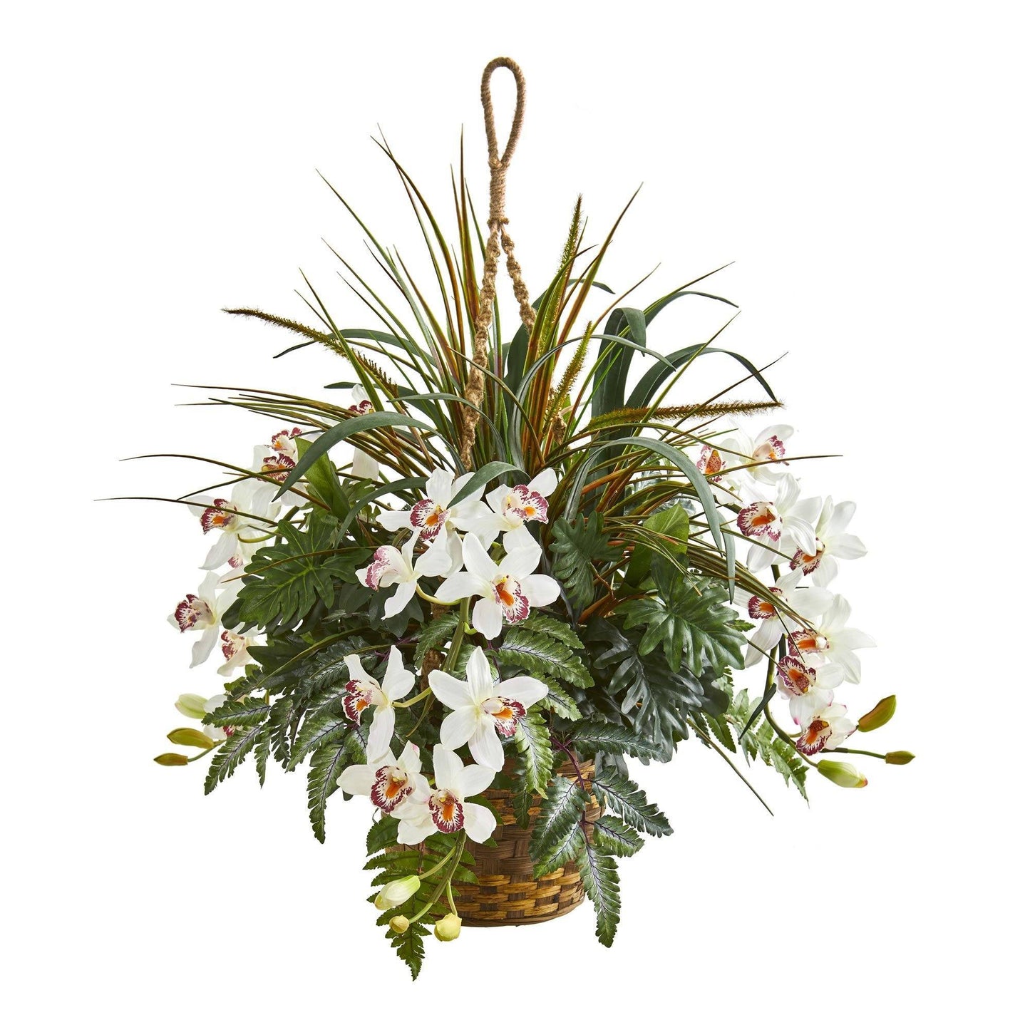 Cesta colgante artificial de orquídea Cymbidium de 73 cm y hojas verdes mixtas