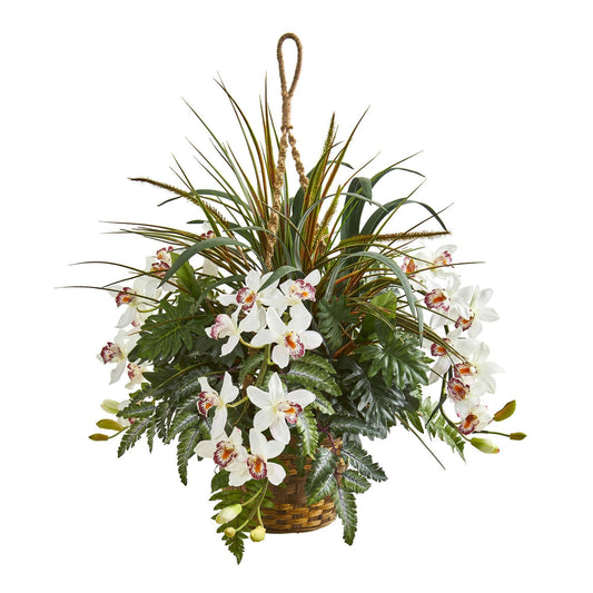 Cesta colgante artificial de orquídea Cymbidium de 73 cm y hojas verdes mixtas
