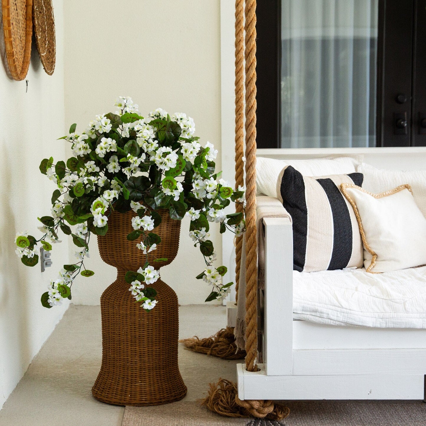 Artificial geranium hanging plant 29in white UV resistant in wicker basket on Tampa Home & Garden Store