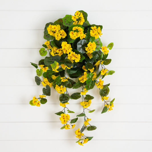 29in UV resistant artificial geranium hanging plant yellow set of 2 indoor outdoor Nearly Natural on Tampa Home & Garden Store