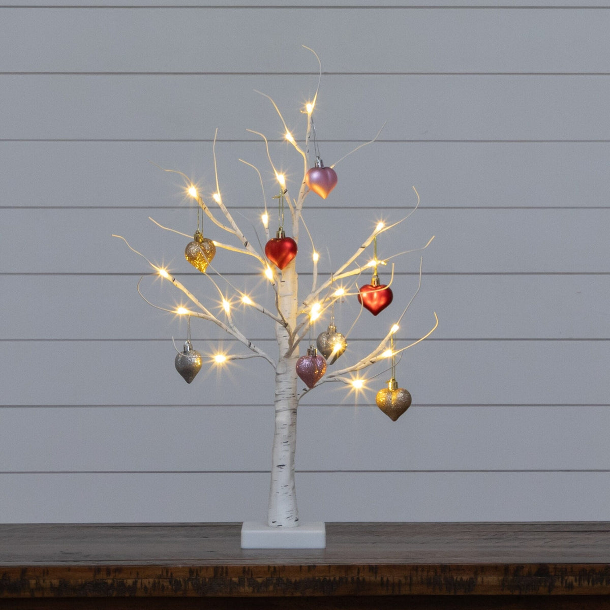 2' Pre-Lit Valentine's Day Twig Tree with 24 warm white LEDs and red and gold heart ornaments on Tampa Home & Garden Store