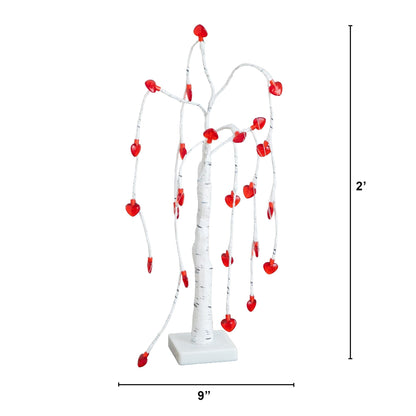 Willow Tree with 24 red heart LED lights, 2 ft, Nearly Natural, birch trunk on square base on Tampa Home & Garden Store