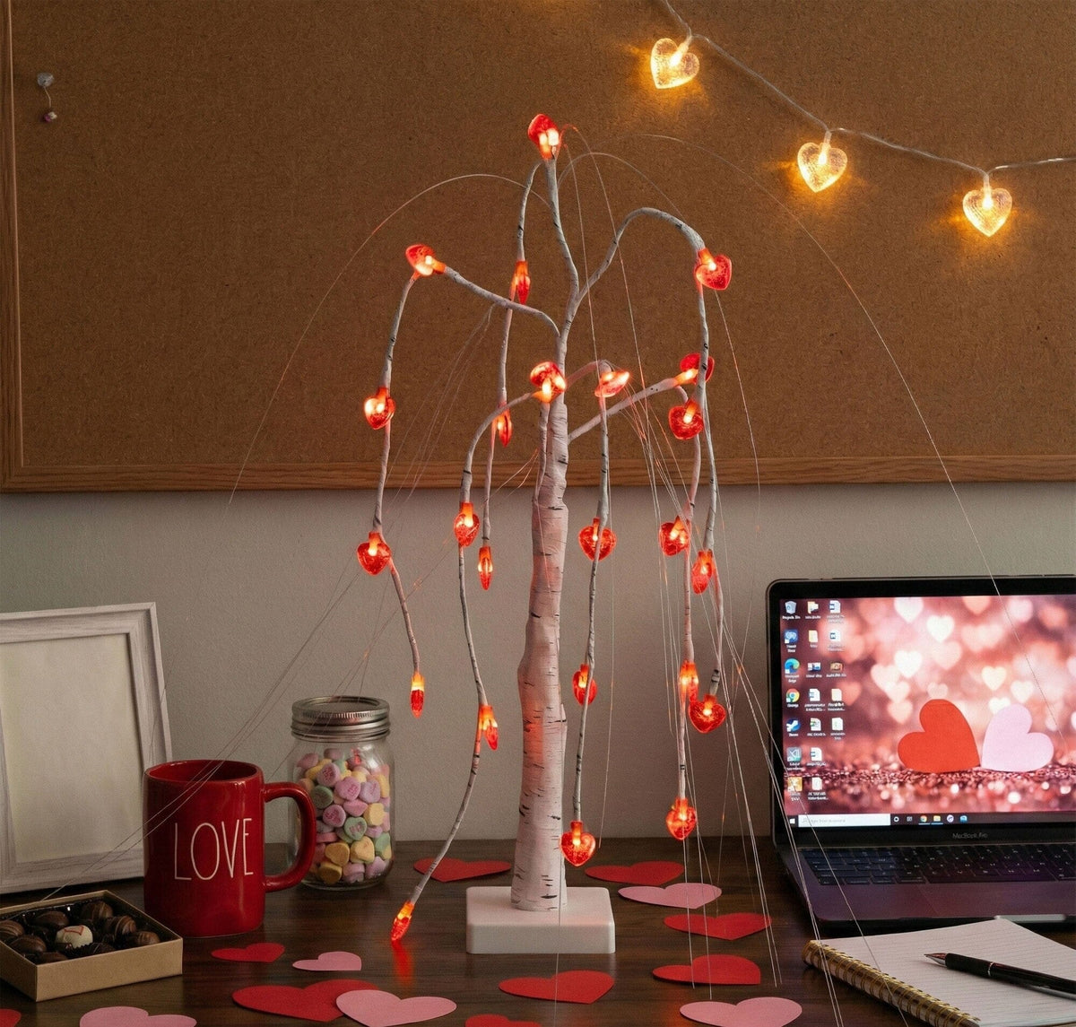 2' Pre-Lit Valentine's Willow Tree with 24 Heart LED Lights, white trunk and red hearts on Tampa Home & Garden Store