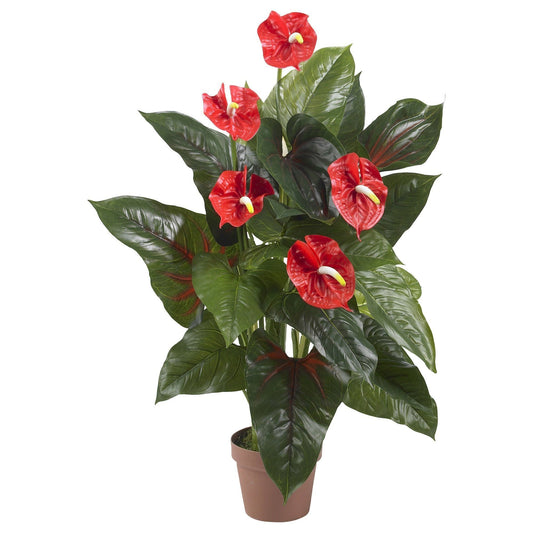 3' Anthurium Silk Plant with red blossoms and glossy green leaves in a terracotta pot on Tampa Home & Garden Store