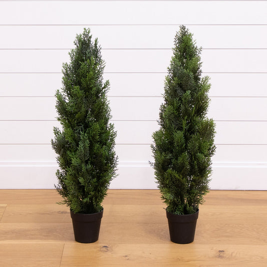 Nearly Natural 3’ Mini Cedar Pine Trees set of 2 in black pots indoor/outdoor use on Tampa Home & Garden Store