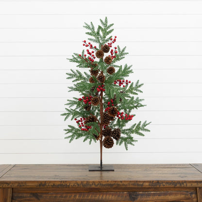 Nearly Natural 3' Slim artificial Christmas tree with pine cones and red berries on Tampa Home & Garden Store