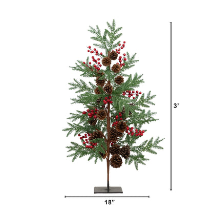 3' Nearly Natural artificial slim Christmas tree with pine cones and red berries on sturdy stand on Tampa Home & Garden Store