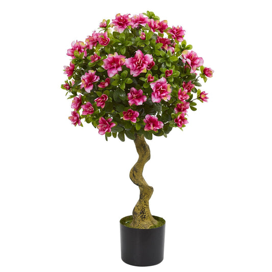 3’ Azalea Topiary Tree by Nearly Natural with pink blossoms and green leaves in a black planter on Tampa Home & Garden Store