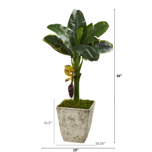 Banana artificial tree by Nearly Natural, 3 ft in white planter with green leaves and banana cluster on Tampa Home & Garden Store