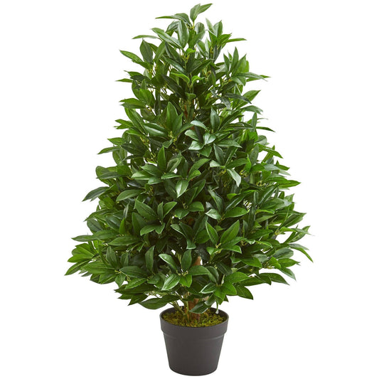 3 ft Bay Leaf Topiary Tree, Nearly Natural artificial UV resistant in a black pot on Tampa Home & Garden Store