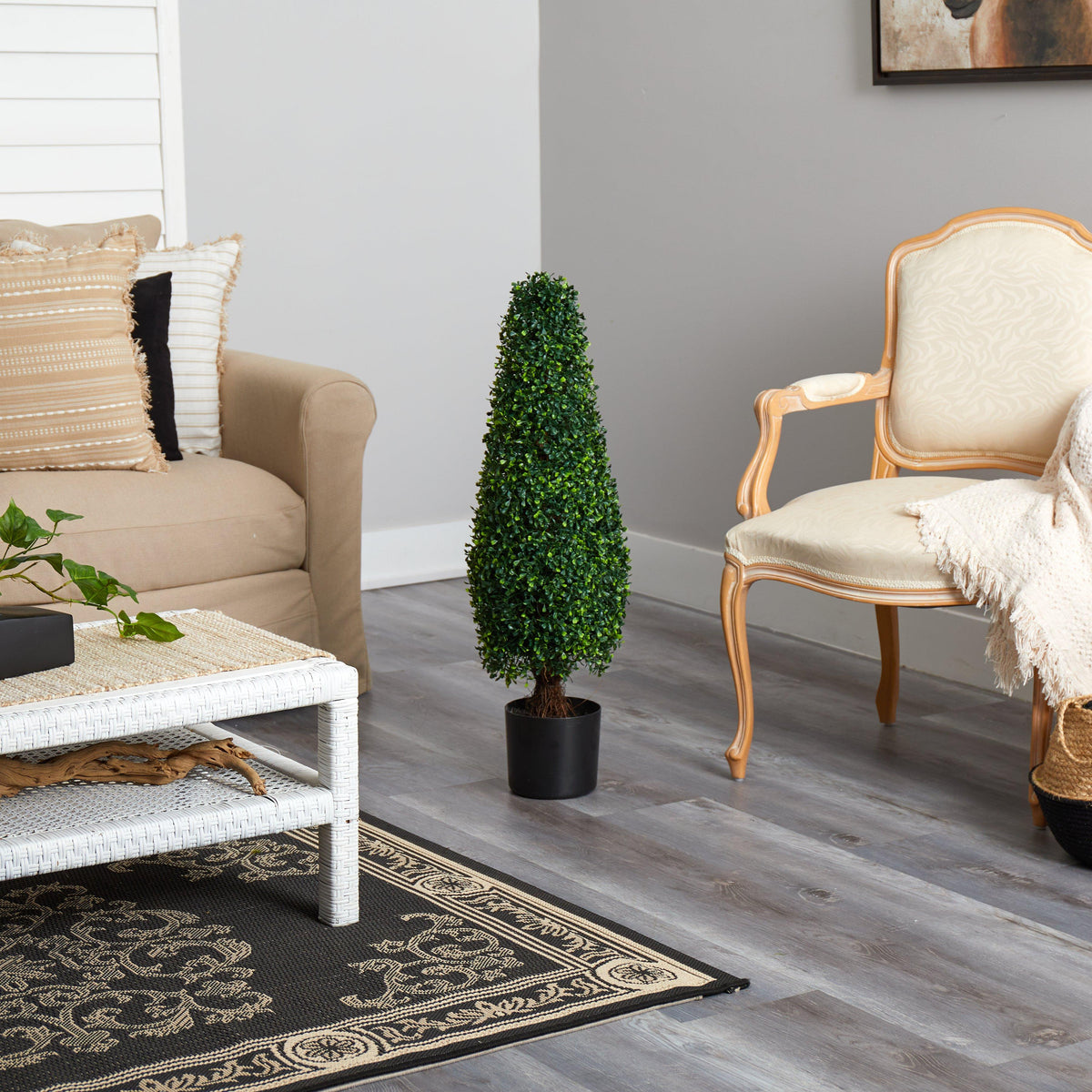 3’ Boxwood Tower Topiary artificial plant by Nearly Natural in black pot indoor/outdoor on Tampa Home & Garden Store