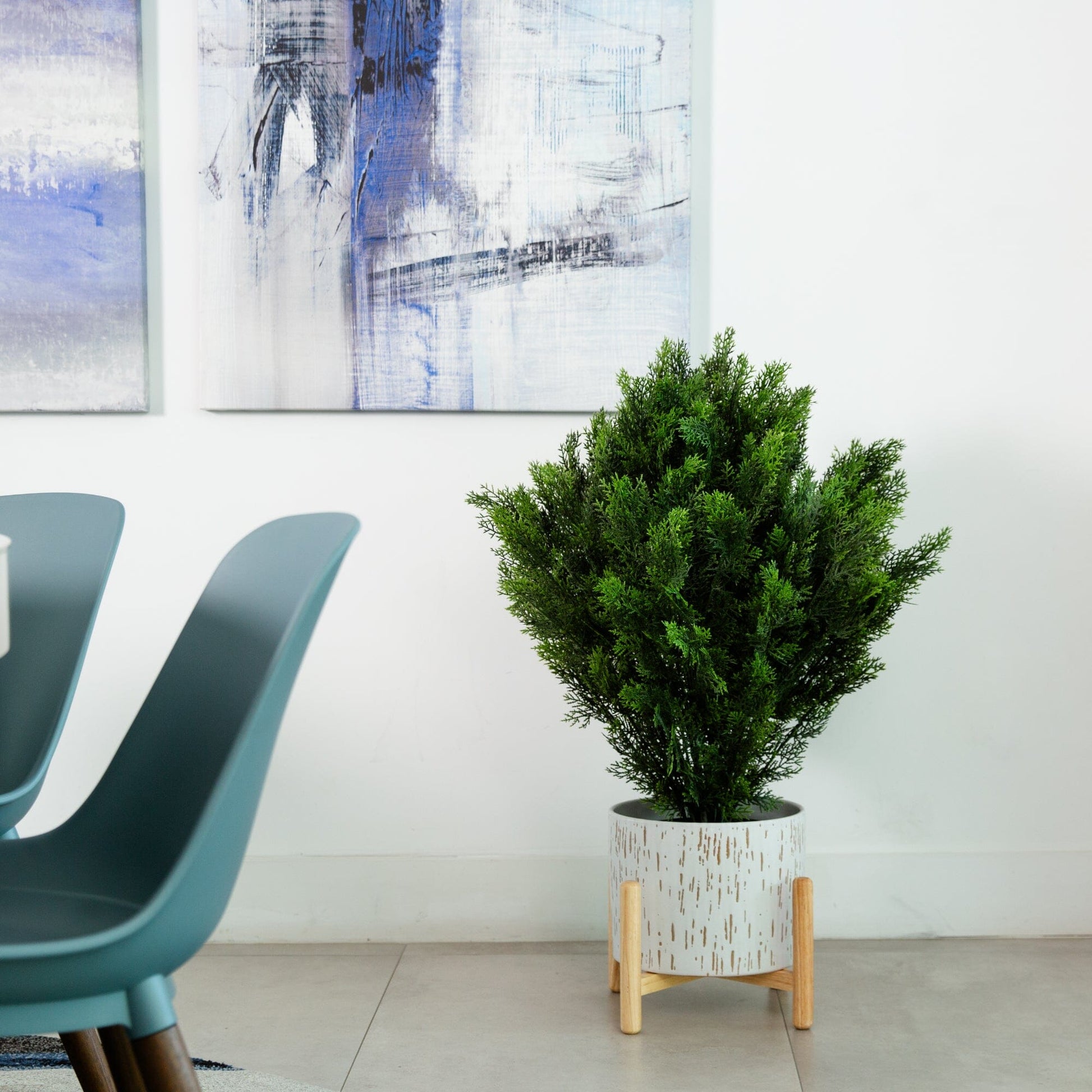3’ Cedar Bush artificial shrub by Nearly Natural in a white textured planter indoors on Tampa Home & Garden Store