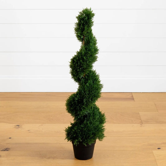 Nearly Natural 3 ft Cedar Spiral Silk Tree indoor plant in black pot on Tampa Home & Garden Store