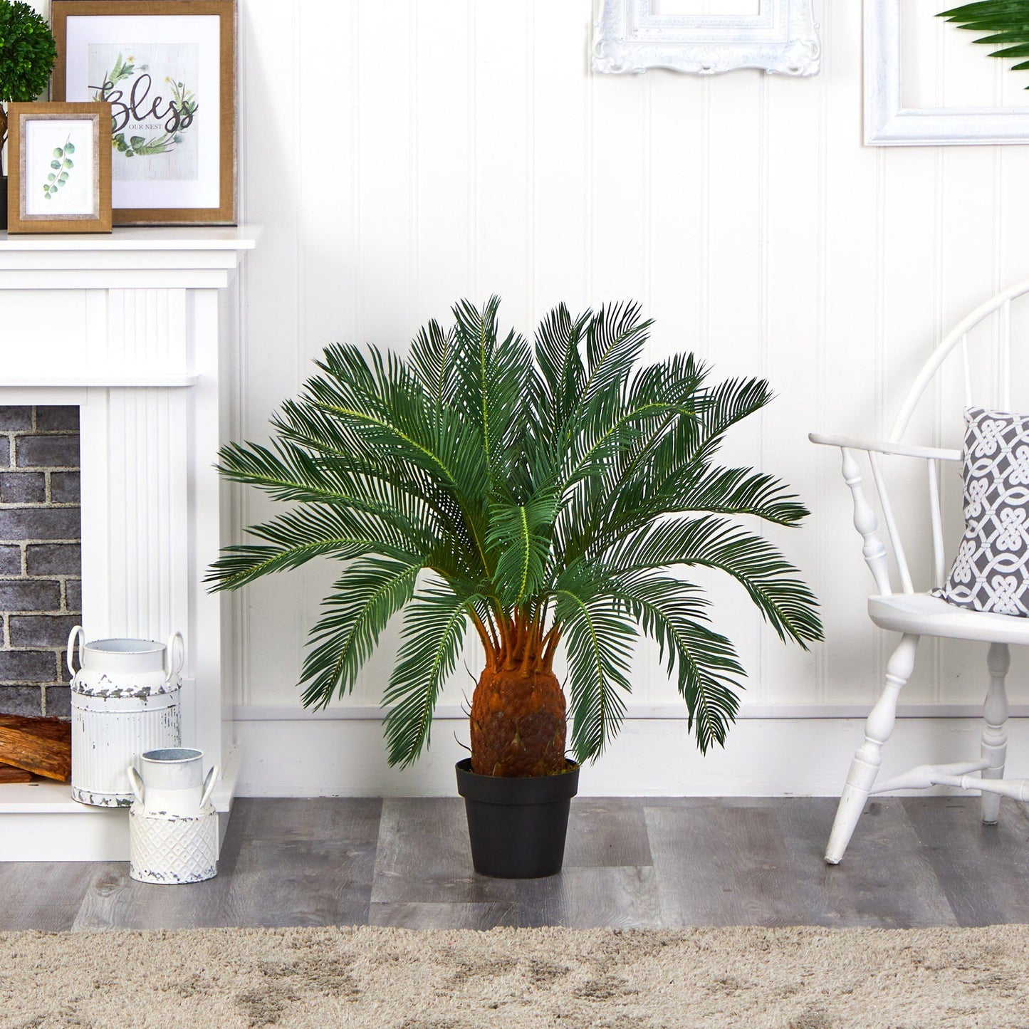 3' Cycas artificial tree with green fronds and brown trunk in a black pot on Tampa Home & Garden Store