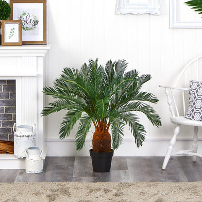 3' Cycas artificial tree with green fronds and brown trunk in a black pot on Tampa Home & Garden Store