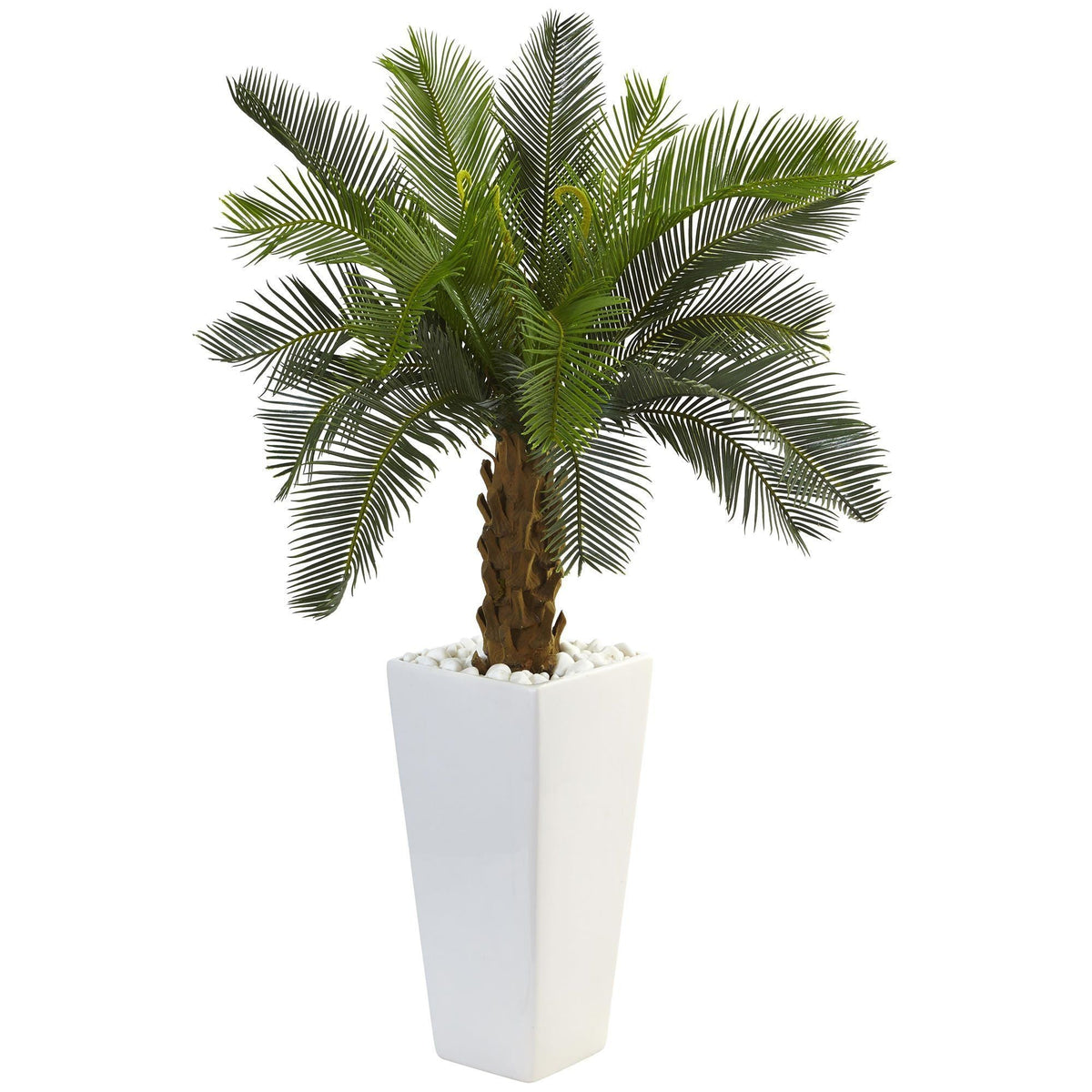 3’ Cycas tree in white tower planter with lush green fronds, Nearly Natural artificial plant on Tampa Home & Garden Store