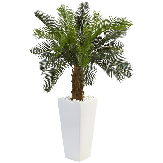 3’ Cycas tree in white tower planter with lush green fronds, Nearly Natural artificial plant on Tampa Home & Garden Store