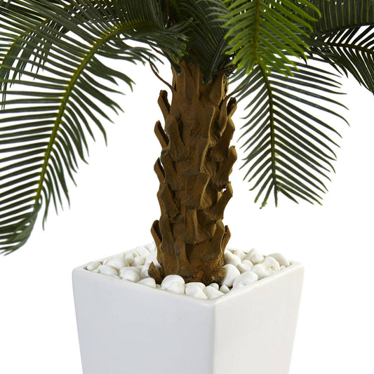 3 ft Cycas tree in white tower planter with green fronds and white stones on Tampa Home & Garden Store