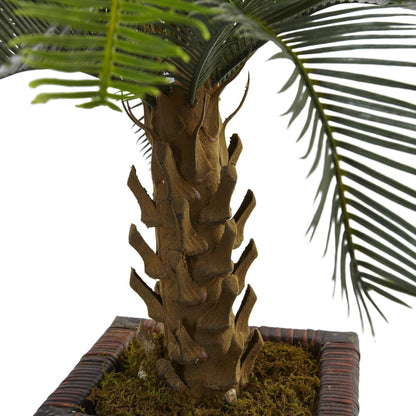 3' Cycas tree in wood planter, Nearly Natural artificial tree with brown trunk and green fronds on Tampa Home & Garden Store