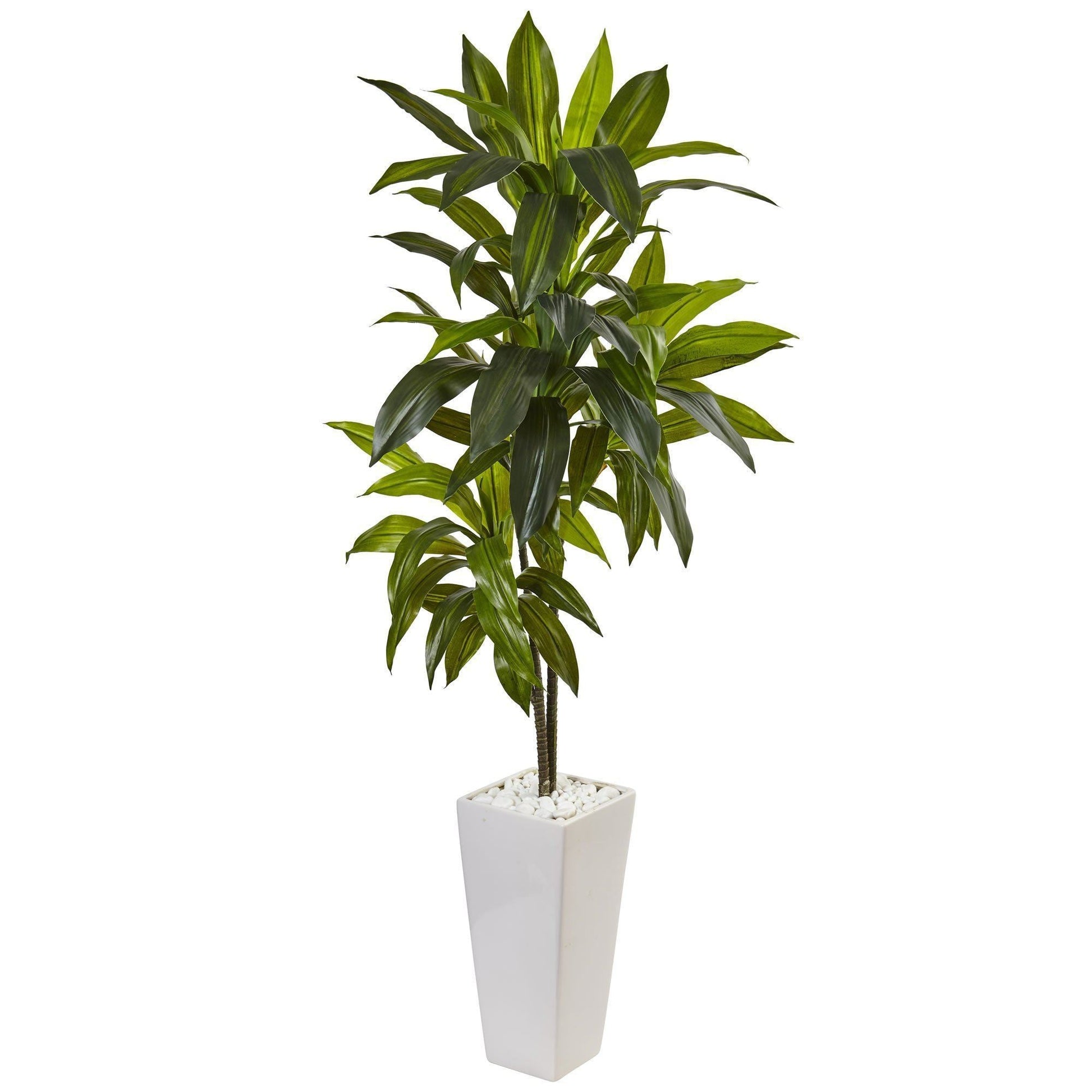 3 ft artificial Dracaena plant in white tower planter with white pebbles on Tampa Home & Garden Store