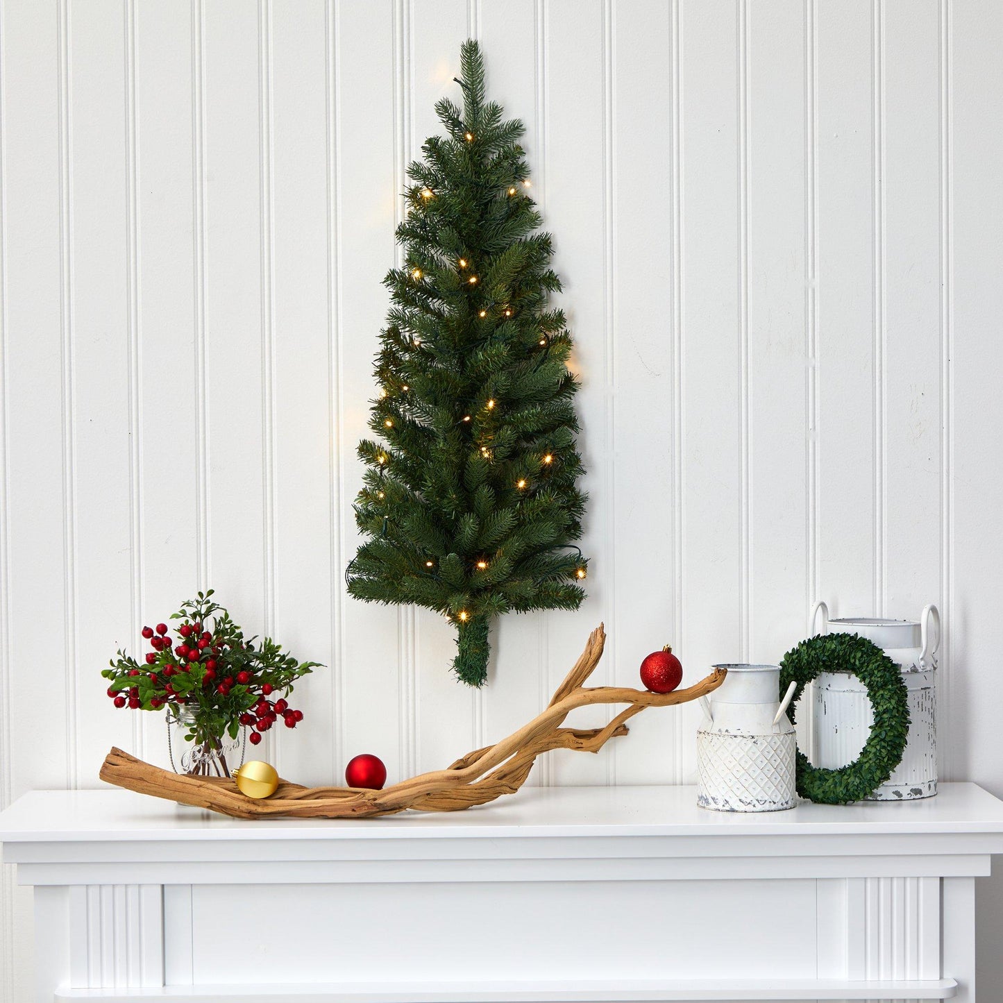 Árbol de Navidad artificial de 3' para colgar en la pared con 35 luces LED transparentes