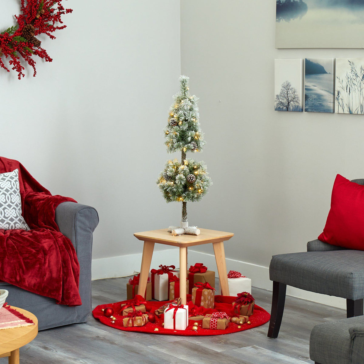 3 ft flocked Christmas tree topiary Nearly Natural with 50 warm white LEDs and pine cones on Tampa Home & Garden Store