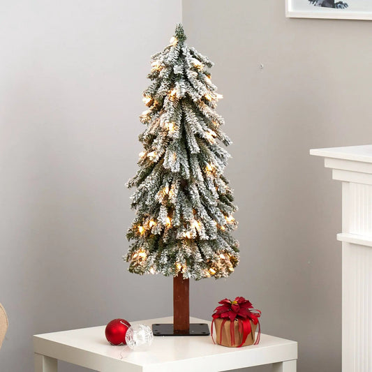 3 ft flocked Alpine Christmas Tree with 50 lights on natural trunk by Nearly Natural on Tampa Home & Garden Store