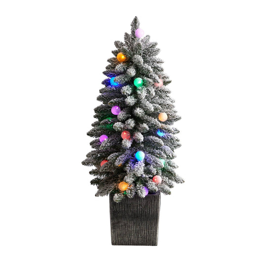 3’ Flocked Highland Fir Tree with 127 Branches and 20 LED Globe Lights in Decorative Planter - Tampa Home & Garden Store
