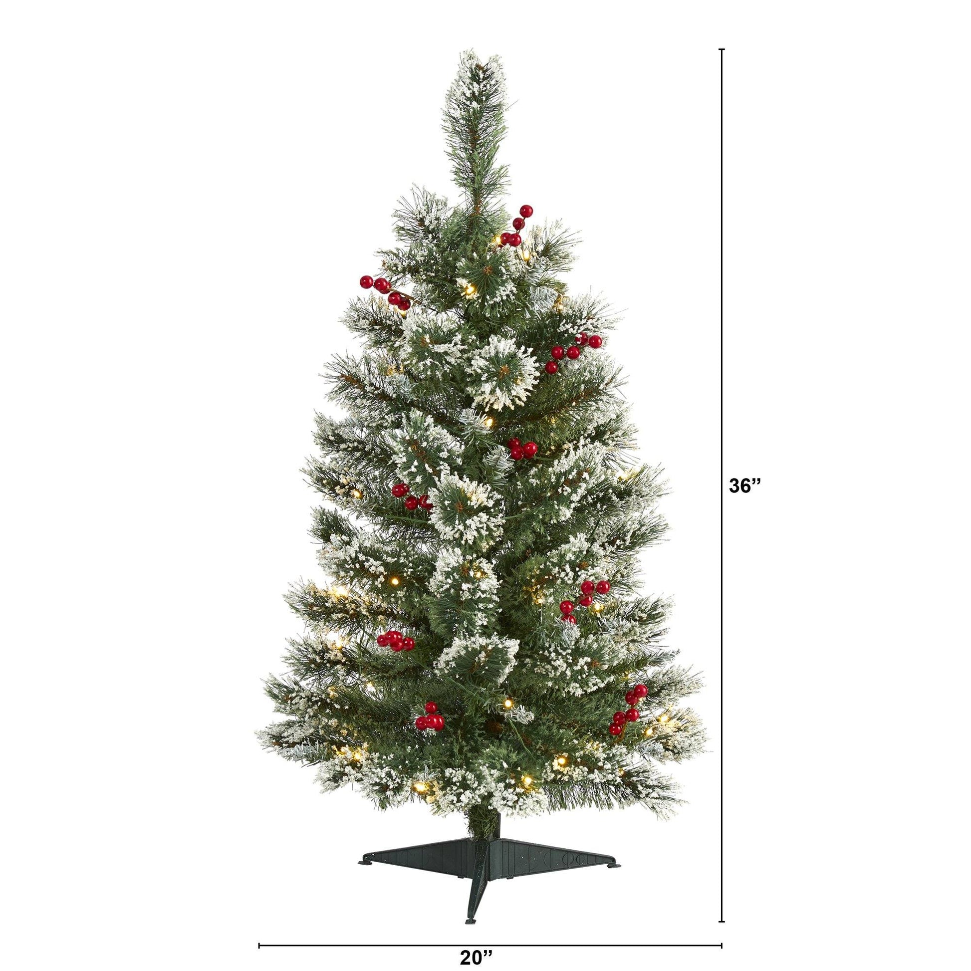 3 ft frosted Swiss pine Christmas tree with 50 clear LED lights and berries by Nearly Natural on Tampa Home & Garden Store