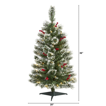 3 ft frosted Swiss pine Christmas tree with 50 clear LED lights and berries by Nearly Natural on Tampa Home & Garden Store