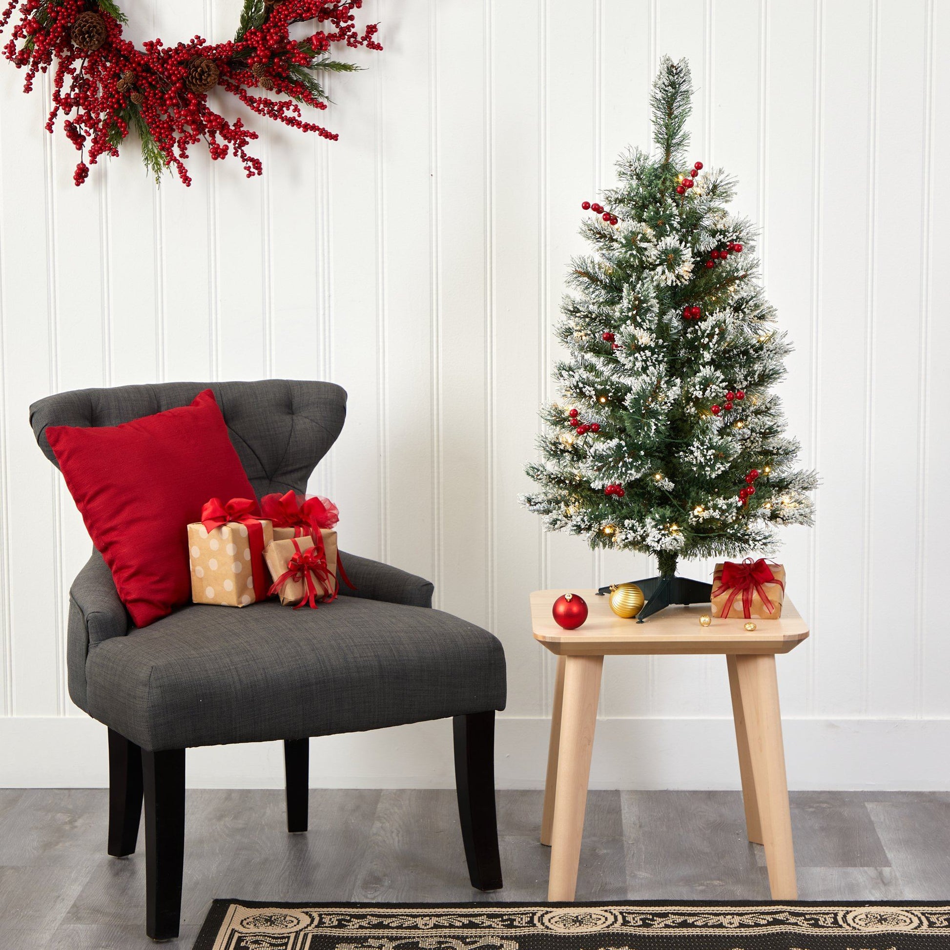 3' Frosted Swiss Pine artificial Christmas tree by Nearly Natural with 50 LED lights and berries on Tampa Home & Garden Store