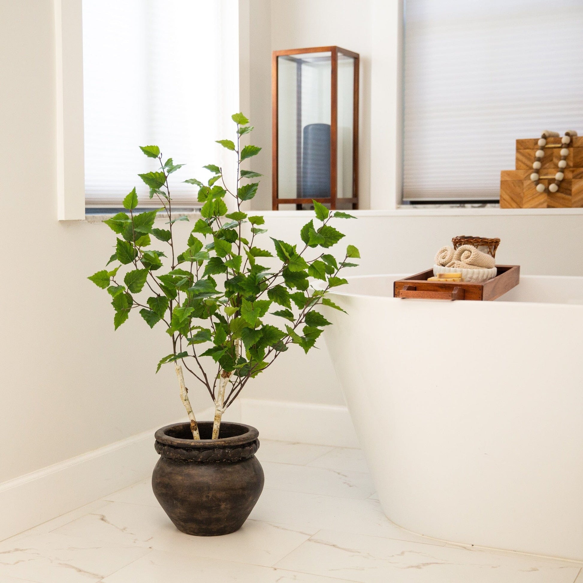 3' artificial birch tree by Nearly Natural with green foliage in a dark ceramic pot on Tampa Home & Garden Store