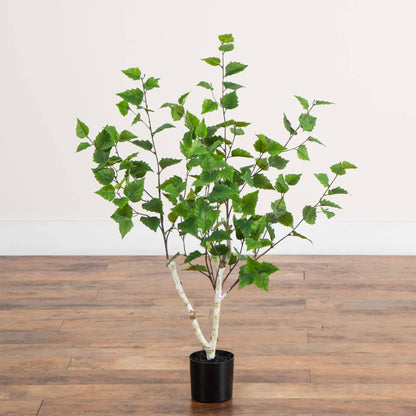 3' Artificial Birch Tree by Nearly Natural in a black pot with lush green leaves on Tampa Home & Garden Store