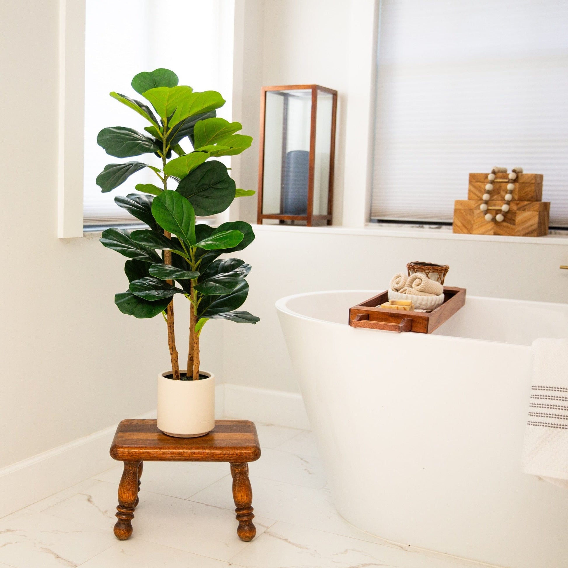 3' Artificial Fiddle Leaf Tree in White Planter by Nearly Natural, lush green leaves on Tampa Home & Garden Store