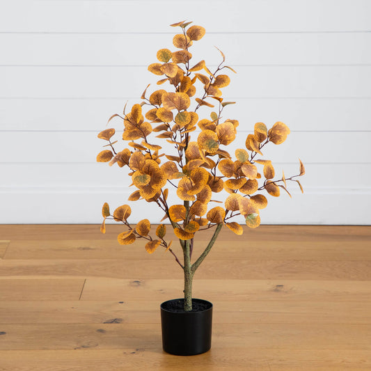 3' Autumn Eucalyptus artificial tree Nearly Natural with orange autumn leaves in black pot on Tampa Home & Garden Store