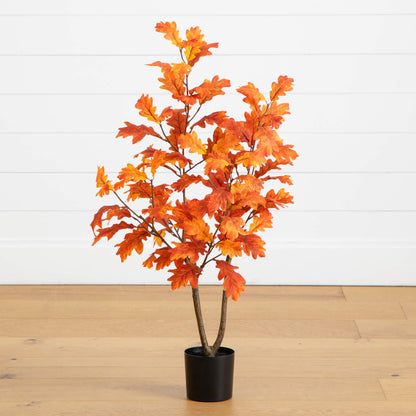 3' Autumn Oak Artificial Fall Tree Nearly Natural in a black pot with orange autumn leaves on Tampa Home & Garden Store