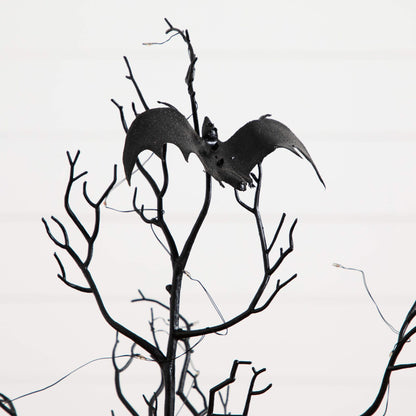 3' Pre-Lit Halloween Black Spooky Twig Tree with bat accents on black metal branches on Tampa Home & Garden Store