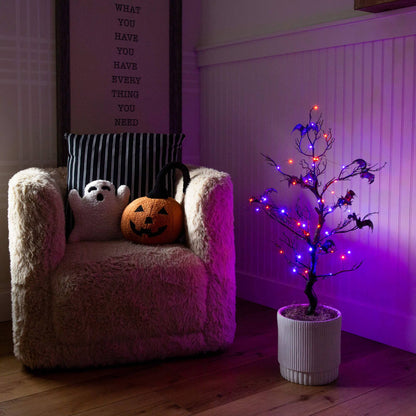 Nearly Natural 3' pre-lit Halloween black spooky twig tree with bats and orange-purple LEDs on Tampa Home & Garden Store