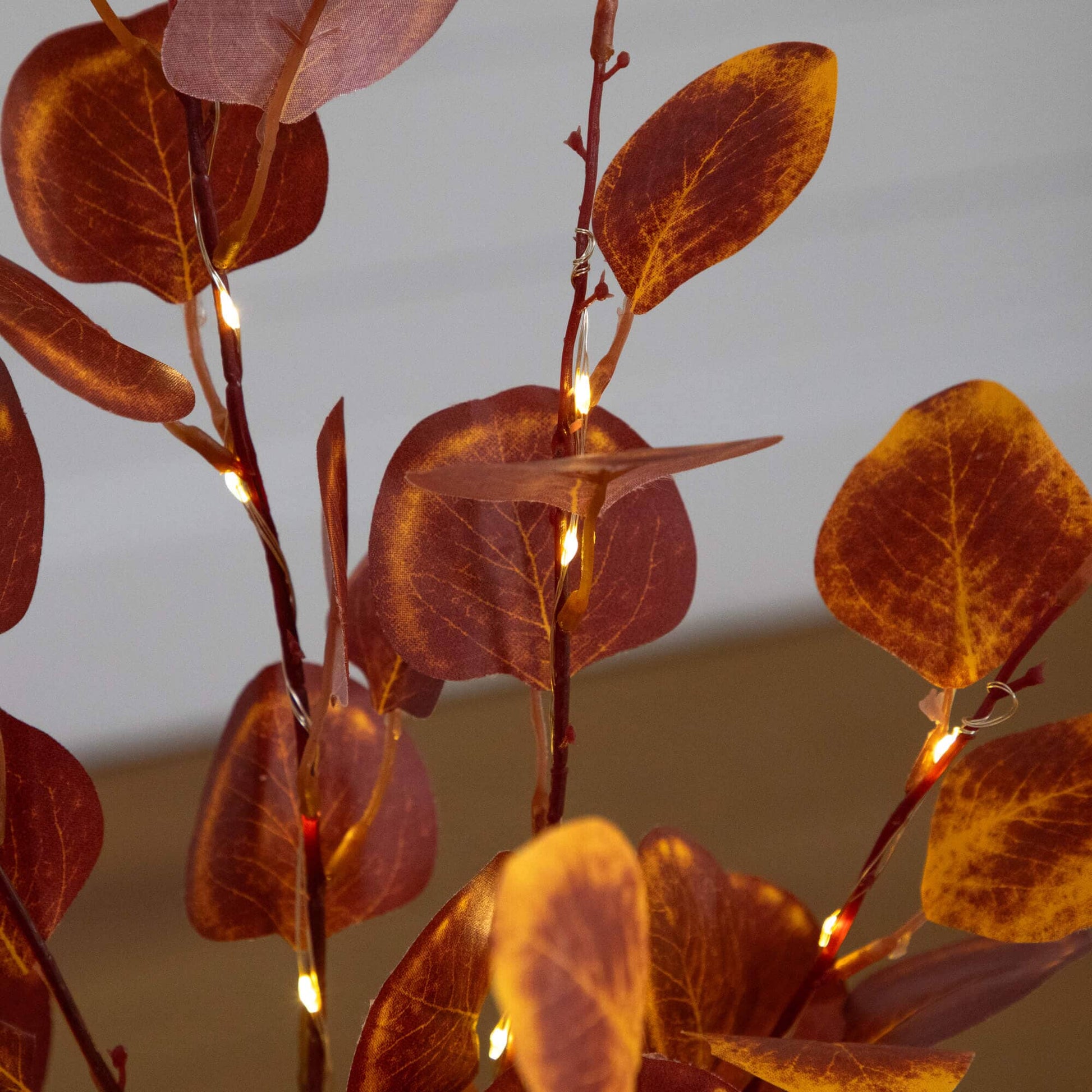 3' Pre-Lit Autumn Eucalyptus Artificial Tree with 80 Warm White LEDs, orange-red leaves on Tampa Home & Garden Store