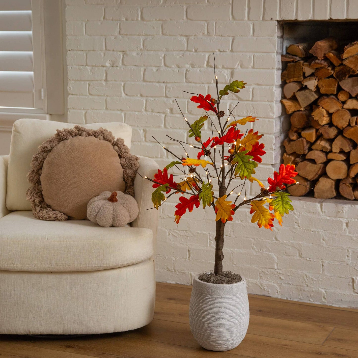 3' Pre-Lit Autumn Maple Artificial Tree with pinecones and acorns, 36 warm white LEDs in a gray ribbed planter Nearly Natural