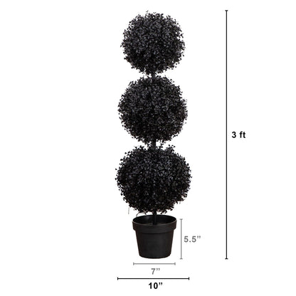 3' Halloween black boxwood topiary by Nearly Natural, UV-resistant triple-ball tree on Tampa Home & Garden Store