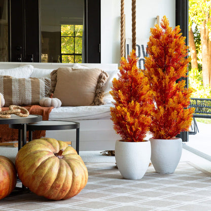 3' UV Resistant Autumn Artificial Fall Cedar Tree Nearly Natural indoor outdoor orange foliage with pumpkins near sofa on Tampa Home & Garden Store