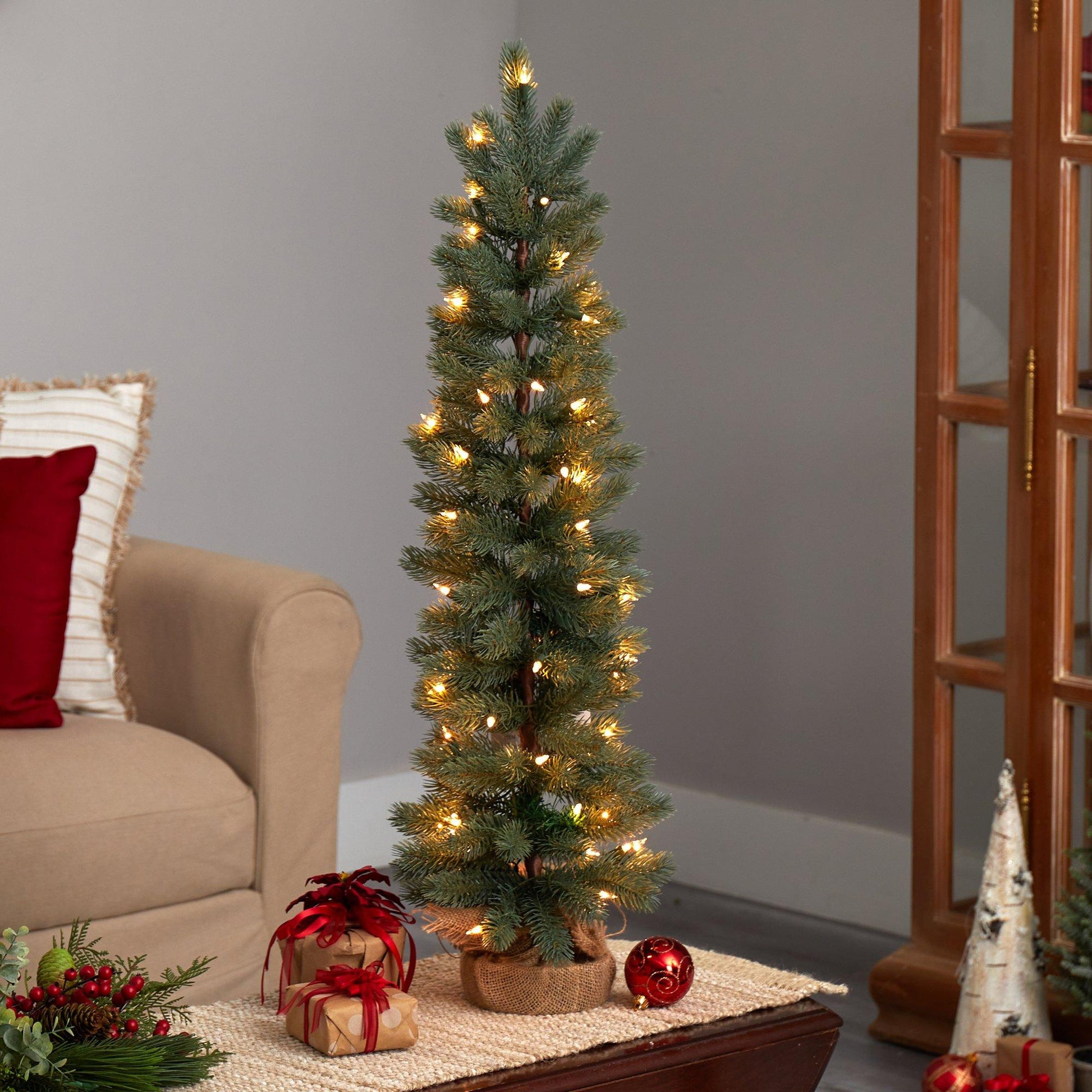 3 ft green pine artificial Christmas tree with 50 warm white lights on burlap base on Tampa Home & Garden Store