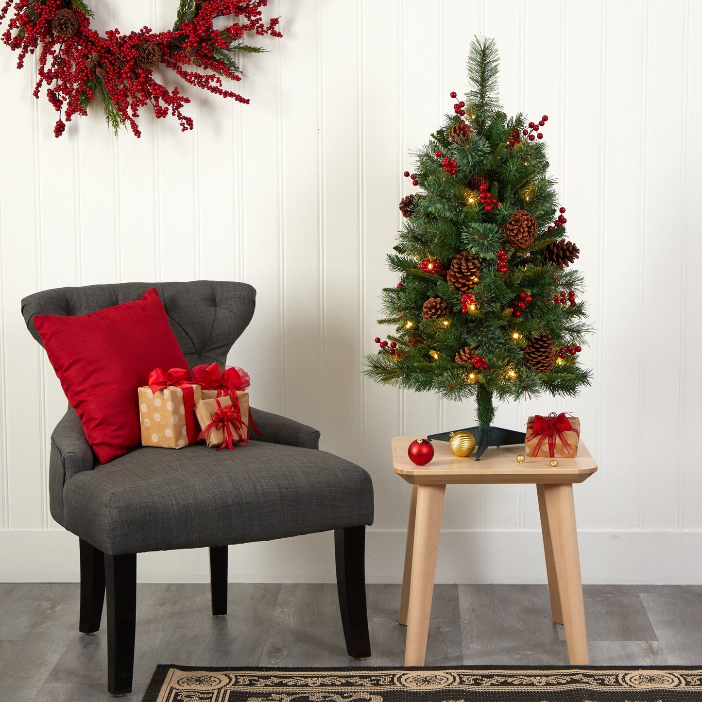 Nearly Natural 3 ft Norway mixed pine artificial Christmas tree with 50 clear LED lights, pine cones and berries on Tampa Home & Garden Store