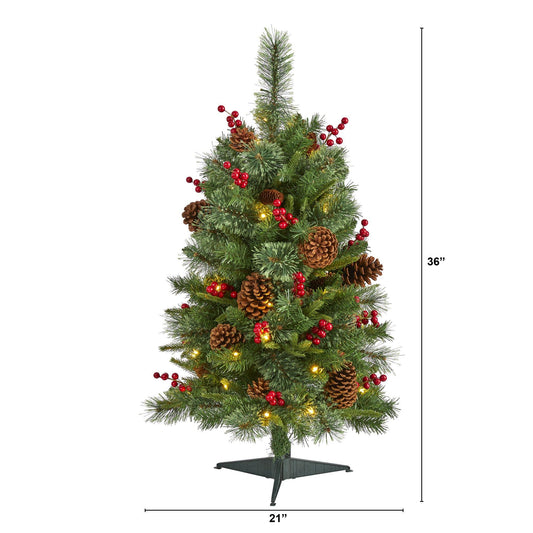 Nearly Natural 3' Norway Mixed Pine artificial Christmas tree with 50 clear LED lights, pine cones & red berries on Tampa Home & Garden Store