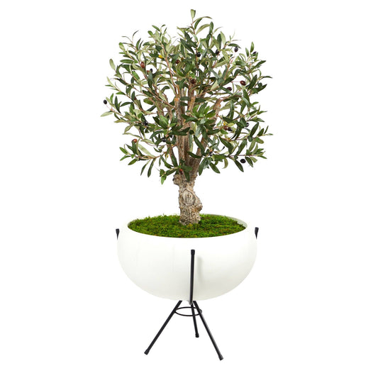3’ Olive Artificial Tree in White Planter with Metal Stand - Tampa Home & Garden Store